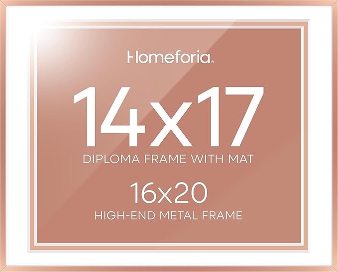 Homeforia 16x20 Diploma Frame Rose Gold, High End Metal 16 x 20 Certificate Frame with Mat 14 x 17, 16by20 Document Frame Matted to 14by17, Graduation Degree Frames, Tempered Glass, Wall Kit, Set of 1