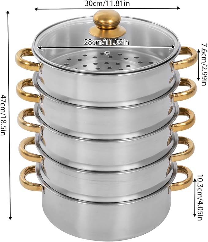 Stainless Steel Steamer Pot, 11.8-Inch Steamer for Cooking, 5-Tier Food Steam Pots with Lid for Cooking Vegetables, Seafood, Soups, Stews, Dumplings and Pasta