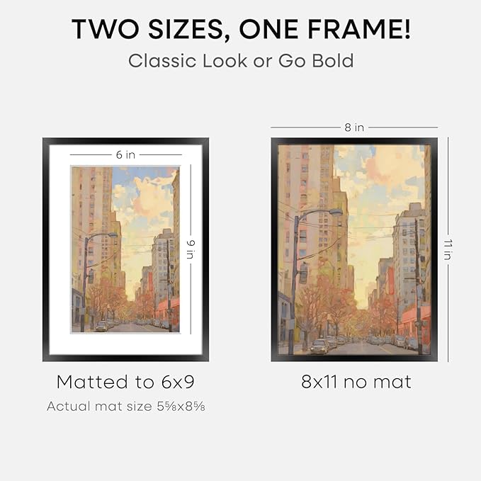 Homeforia 8x11 Picture Frame Black, High End Metal 8 x 11 Poster Frames with Mat 6 by 9 for Photo, 11x8 Frame Matted to 6x9 inch Print, 8by11 Wall or Tabletop Frame, Tempered Glass, Wall Kit, Set of 3
