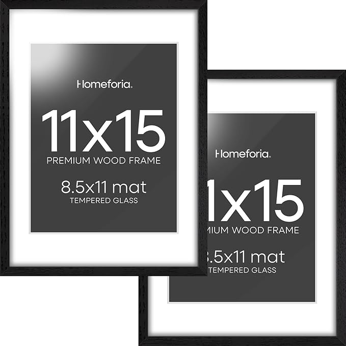 Homeforia 11x15 Picture Frame Black Wood, High End Oak 11x15 Poster Frames with Mat 8.5x11, 11 x 15 Wooden Frames Matted to 8.5 x 11 inch Photo, 15x11 Hanging Frame, Tempered Glass, Wall Kit, Set of 2