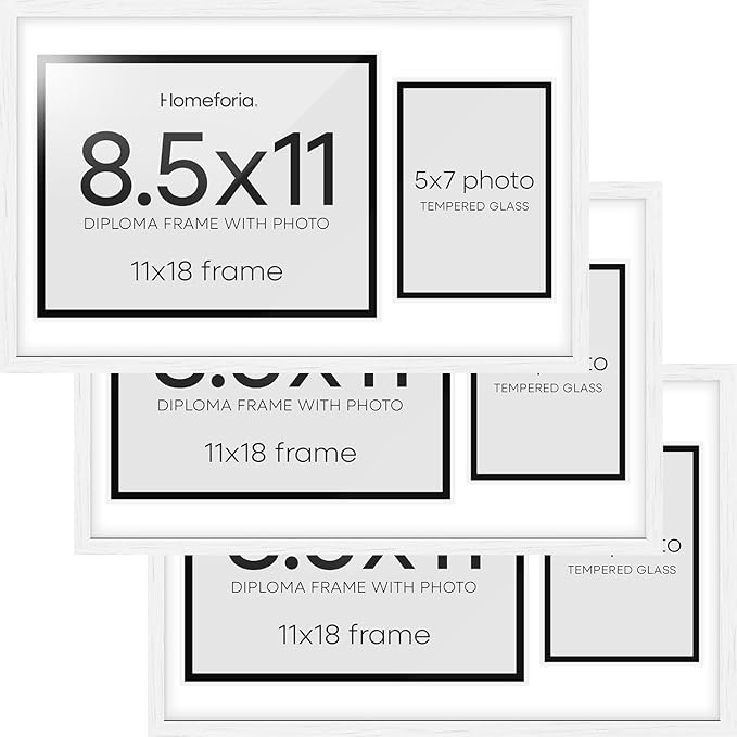 Homeforia 11x18 White Diploma Frame with Photo, High End Oak 11 x 18 Certificate Wood Frame with Mat 8.5x11 Diploma and 5x7 Picture, 18 by 11 Wooden Document Frames, Tempered Glass, Wall Kit, Set of 3