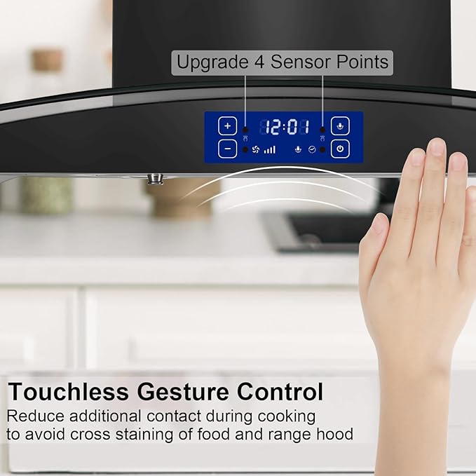 30 Inch Island Range Hood Black 700CFM, Gesture & Touch Panel Ceiling Mount Vent Hood, Stainless Steel Kitchen Exhaust Fan Convertible, Tempered Glass, LED lights, Permanent Baffle Filters