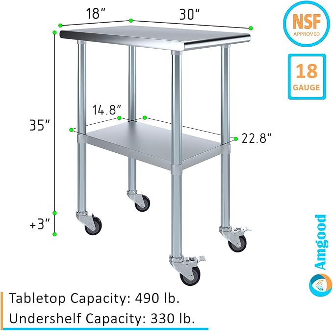 AmGood 18" Long x 30" Deep Stainless Steel Table with Casters