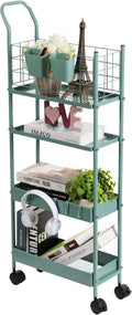 danpinera Rolling Utility Cart with Wheels, 4 Tier 7.7'' Metal Rolling Narrow Storage Cart with Hooks and Hanging Cups on Wheels for Bathroom, Kitchen, Office and Small Spaces, Green