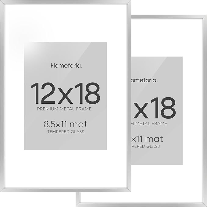 Homeforia 12x18 Silver Frame, High End Metal 12 x 18 Picture Frames with Mat 8.5 x 11 Photo, 18x12 Silver Poster Frame Matted to 11x8.5 Print, 18by12 Hanging Frames, Tempered Glass, Wall Kit, Set of 2