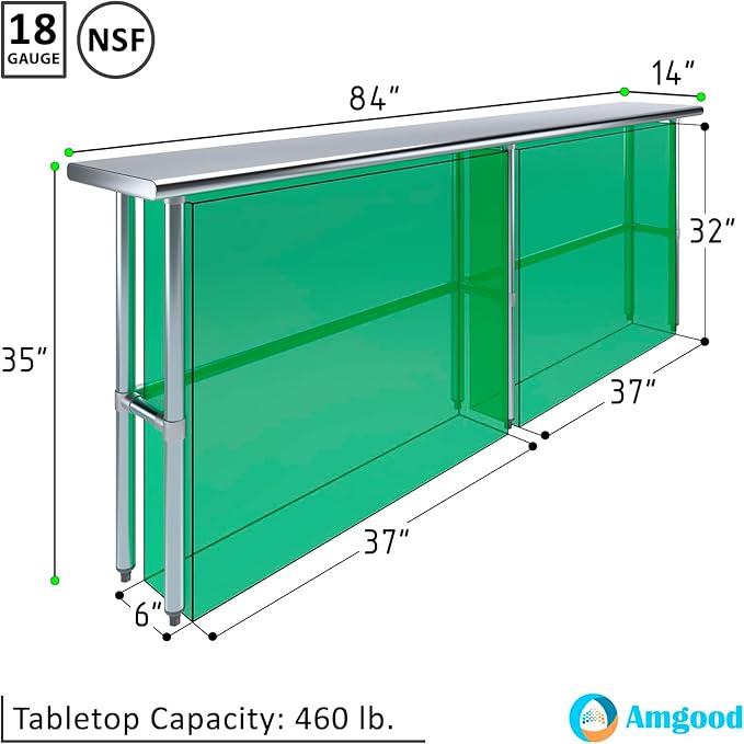 AmGood Stainless Steel Work Table Open Base | NSF Kitchen Island Food Prep | Laundry Garage Utility Bench (84" Long X 14" Deep)