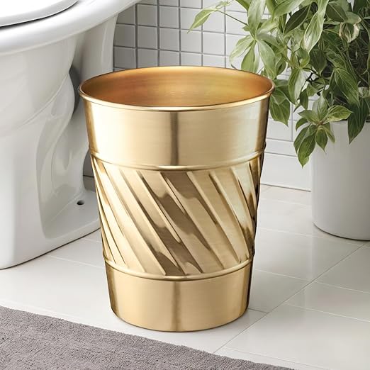 Monarch Abode Metal Bathroom Trash Can – Waste Basket for Bedroom, Office Desk, & Dorm, Handcrafted Wave Embossed, Durable Decorative Brushed Gold Small Trash Can Bathroom Garbage Bin Wastebasket