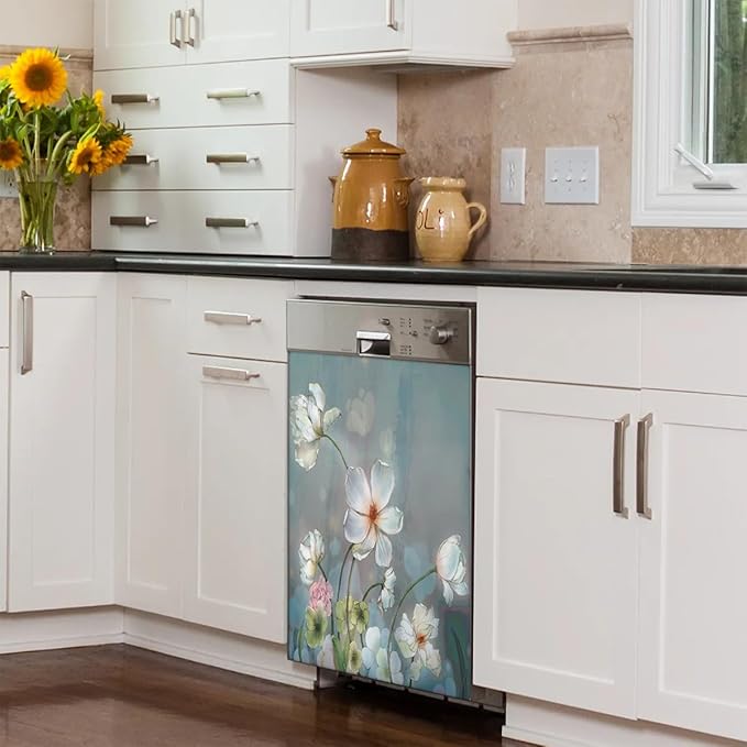 Dishwasher Magnet Cover Blooming White Flowers Front Dishwasher Cover Decoration Reusable Magnetic Door Cover Panel Decal Home Appliances Stickers Kitchen Refrigerator Fridge 23"x26"