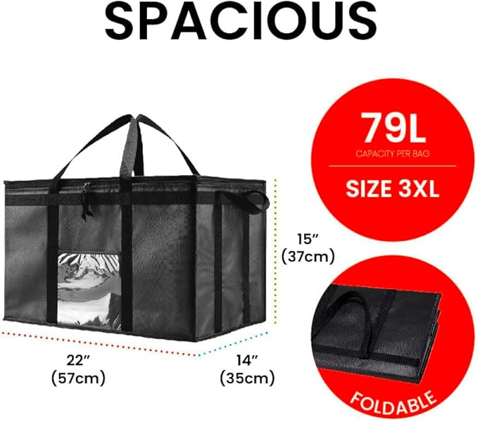 NZ home Insulated Bags for Food Delivery (3XL) Grocery Shopping Cooler Bag, Pizza Delivery, Hot & Cold Catering Tote, Reusable, Foldable & Heavy Duty (10 Pack, Black)