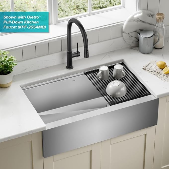 KRAUS Kore 33-Inch Farmhouse Workstation 16 Gauge Single Bowl Stainless Steel Kitchen Sink with Accessories, KWF210-33