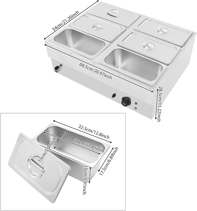 6-Pan Commercial Food Warmer, 1500W Stainless Steel Electric Buffet Warmer with Lid & Drain Valve, Countertop Steam Table Bain Marie for Parties, Catering, Restaurants & Buffet Serving