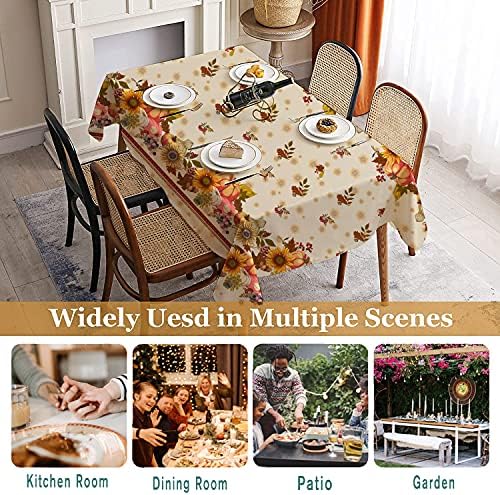 Fall Thanksgiving Double Border Decoration Tablecloth,Sunflower & Pumpkin Harvest Tablecloths, Waterproof Table Cover for Dinner Kitchen Party Holiday Decorations, 60"x 120" Oblong/Rectangle