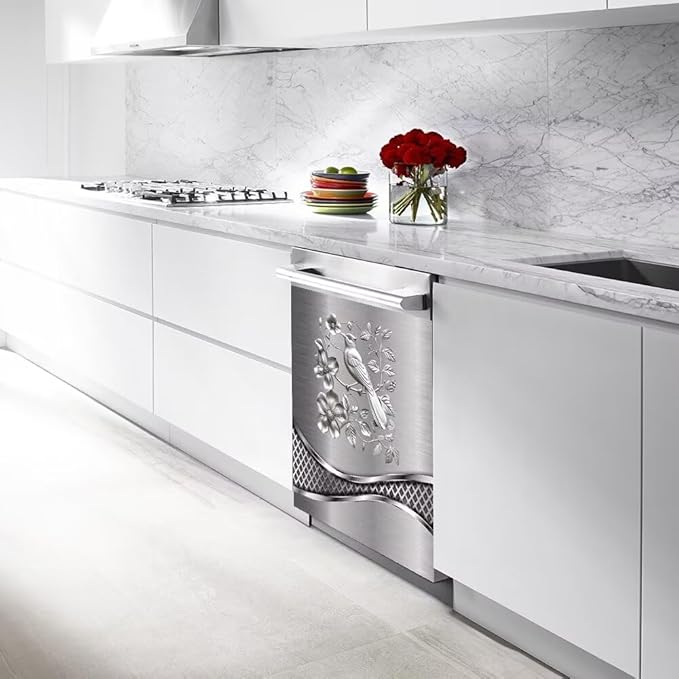 Stainless Steel Design Bird Wallpaper Dishwasher Cover Magnetic Sticker Refrigerator Door Panel Cover Fridge Appliance Magnet Decal Sheet 23x26 inch