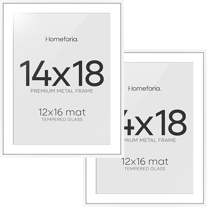 Homeforia 14x18 Picture Frame White, High End Metal 14x18 Poster Frames with Mat 12x16 Photo, 14 x 18 White Frame Matted to 12 by 16 Print, 18by14 Thin Hanging Frames, Tempered Glass, Wall Kit, Set of 2