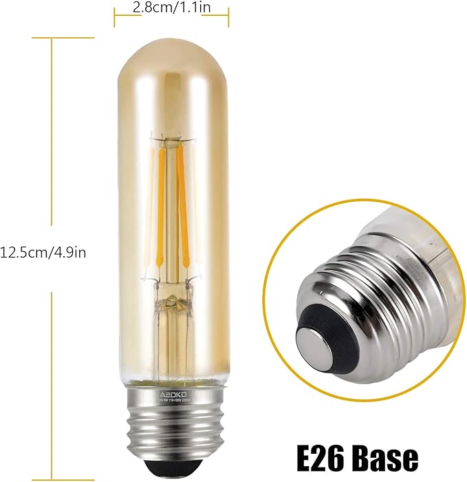 T10 LED Bulbs 2200K Warm White, 4W Amber Colored Tubular Edison Light Bulbs, E26 Medium Base,40 Watt Equivalent, Dimmable Tube Vintage Led Bulbs, LED Filament Bulb for Desk Lamp, Display Pendant Light