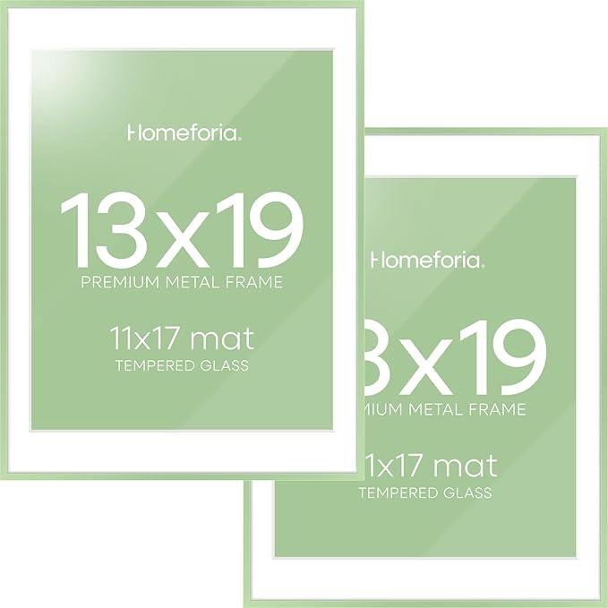 Homeforia 13x19 Picture Frame Sage Green, High End Metal 13x19 Poster Frames with Mat 11x17 inch Photo, 13 x 19 Sage Green Frame Matted to 11 by 17 Art, 19x13 Frame, Tempered Glass, Wall Kit, Set of 2