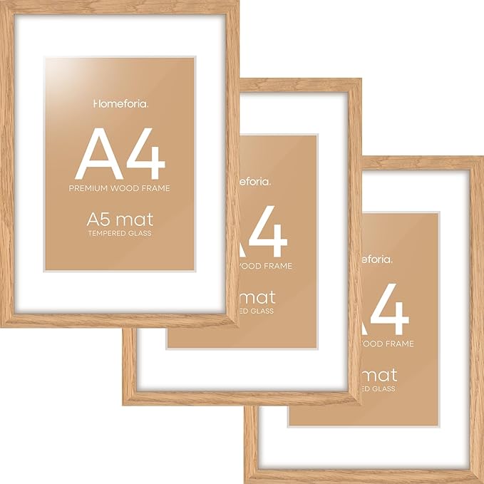 Homeforia A4 Picture Frame Wood, High-End Natural Oak 8.3 x 11.7 Wooden Poster Frames Matted to 5.8 by 8.3 inch Photo, A4 Size Light Wooden Frames with Mat A5 Print, Tempered Glass, Wall Kit, Set of 3
