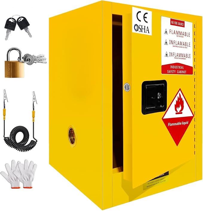 Flammable Storage Cabinet 16 Gallon, Explosion Proof Yellow All-Welded Steel Body Chemical Safety Cabinet, 3-Point Locking System Adjustable Shelf for Warehouses, Industrial Use, Home & Commercial