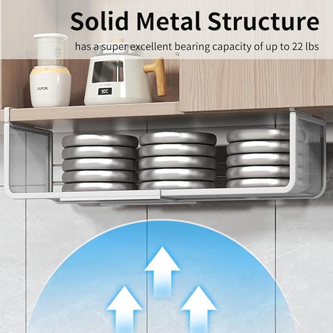 Expandable Under Shelf Basket Organizer, Under Shelf Storage, Hanging Baskets Under Cabinet for Pantry Kitchen Cupboard Desk Counter Bookshelf Space Saver Heavy Duty Slide-in (white, 1 Pack)