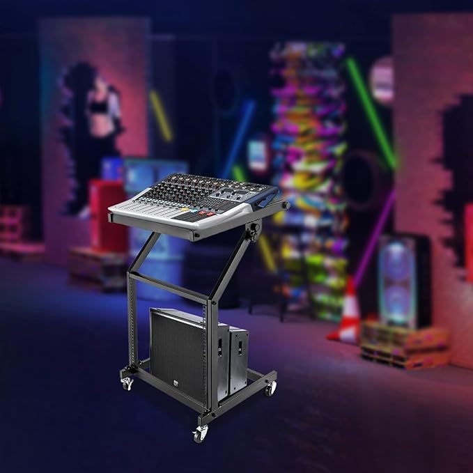 DJ Mixer Stand, 2-Layer Audio Device Rack with 4 Wheels, Audio Studio Mixer Stand for Homes Offices Stage Concert Studio Equipment Rolling Stage Cart (9U)
