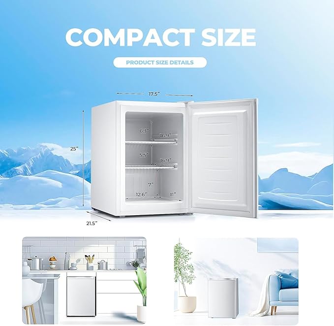 2.1 Cu.ft Small Freezer, Mini Upright Freezer with 7 Adjustable Thermostat, Removable Shelves, Reversible Single Door, for Bedroom/Home/Dorms/Apartment (White)