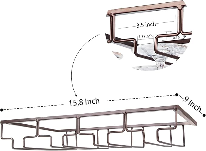 Wine Glass Rack - Under Cabinet Stemware Wine Glass Holder Glasses Storage Hanger 2 Pack Metal Organizer for Bar Kitchen 4 Rows Brown