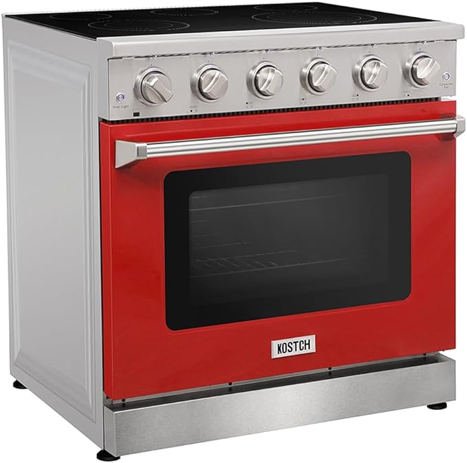 KOSTCH 36 inch Professional Electric Range with 5 Heating Elements Cooktop, 6.0 Cu. Ft. Convection Oven Capacity,Electric Stove Smooth Glass Top, in Stainless Steel KOS-36RE06H (Red)
