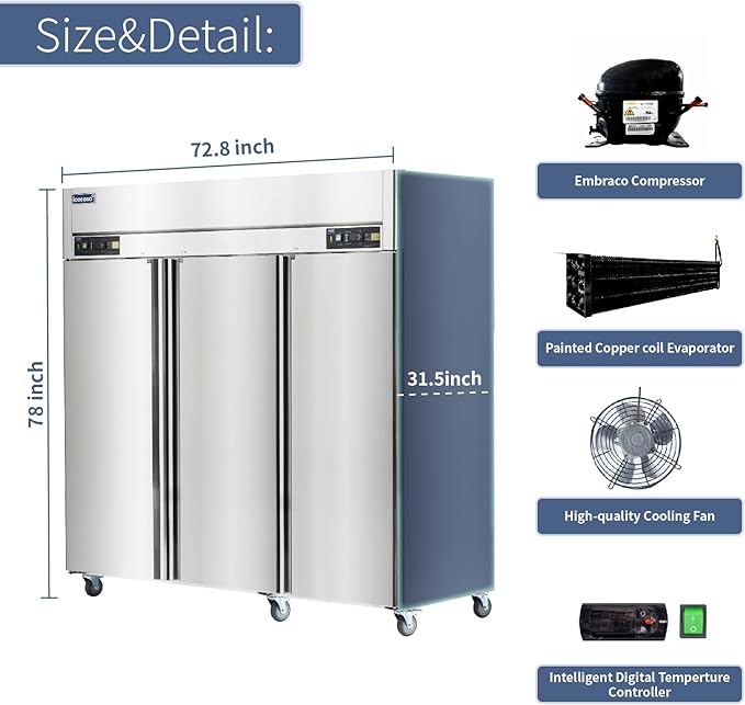 ICECASA 72" W Commercial Refrigerators and Freezer Combo Reach-in 54 Cu.ft 3 Solid Door Stainless Steel Refrigerators and Freezer Combo Fan Cooling for Restuarant, Bar, Shop, etc