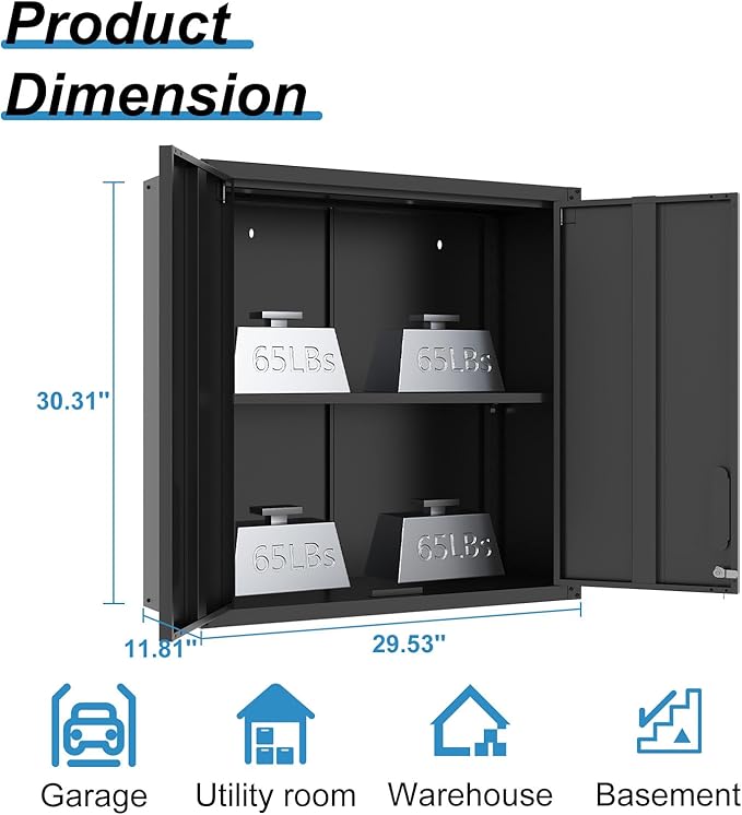 Garage Storage Cabinet Wall Cabinet with 2 Doors,Lockable Black Tool Cabinets Wall Mounted with Adjustale Shelves,Heavy Duty Hanging Cabinets for Warehouse Kitchen Laundry,Assembly Required