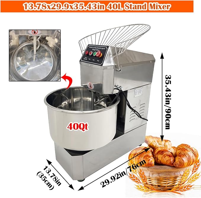 Commercial Stand Dough Mixer 40L Spiral Mixer Double Action Double Speed Stand Pizza Mixing Machine Dough Kneading Machine with Security Shield for Kitchen Restaurant Bakery Pizzeria