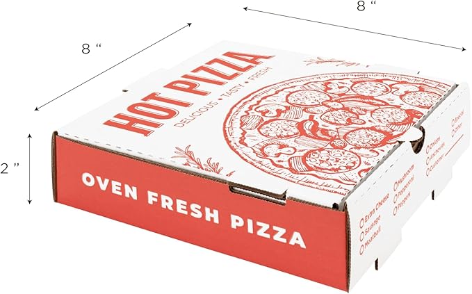 Karat Pizza Boxes 8" x 8" [50 Pack] Classic Red Print Corrugated Boxes | Ventilated, Grease-Resistant, Durable for Pizza or Mailing Use