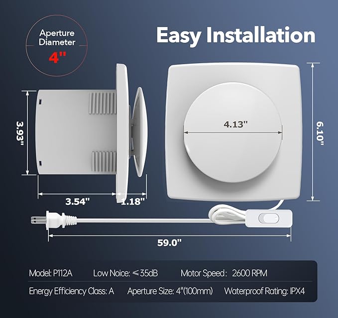 Bathroom Exhaust Fan with Switch, 2600RPM Upgraded Exhaust Fan 35dB Low Noise IPX4 Waterproof Household Ventilation Fans, Energy Saving Vent Fan for Attic Basement Garage Washroom V112A23