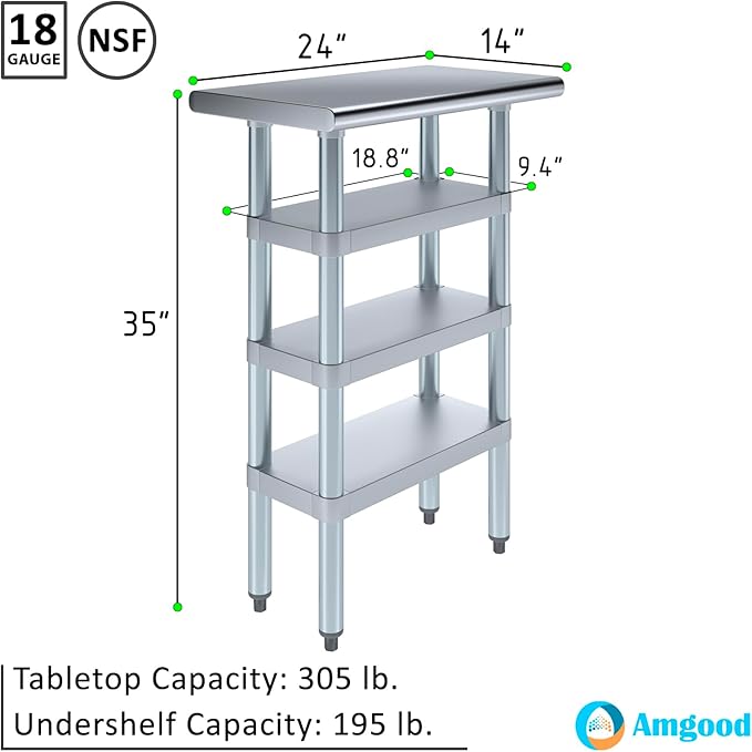 14 in. x 24 in. Stainless Steel Work Table with Three Bottom Shelves | NSF Kitchen Prep Table | Utitly Metal Table