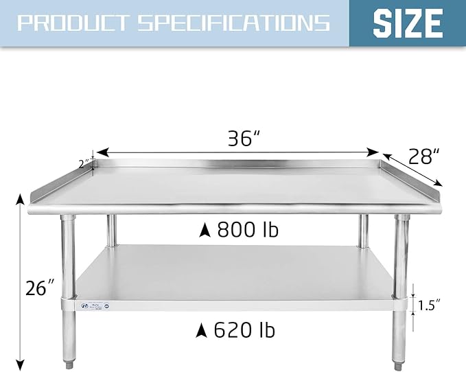 Hally Stainless Steel Equipment Stand 28x36 Inches with Undershelf, NSF Commercial Prep & Work Table with Rear and Side Risers, Heavy Duty Grill for Kitchen, Bar, Restaurant, Home and Hotel