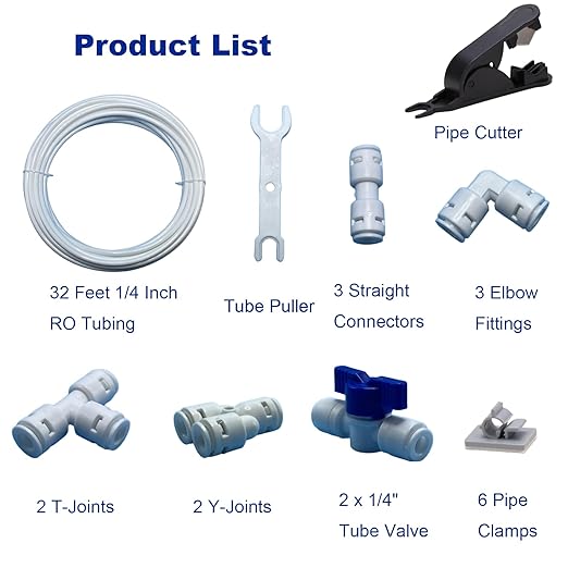 32ft RO Tubing Kit (20-Piece): 1/4" O.D. RO Water Line + Quick Connect Fittings (Valves, Elbow/Tee Couplings, Clip, Tool) for Water Purifier/Refrigerator System