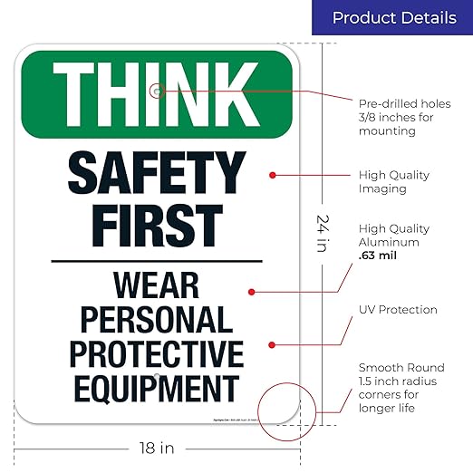 Think Safety First Wear Personal Protective Equipment Sign, 18x24 Inches, Rust Free .063 Aluminum, Fade Resistant, Made in USA