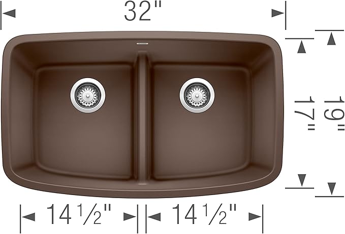 BLANCO, Café Brown 442203 VALEA SILGRANIT 50/50 Double Bowl Undermount Kitchen Sink with Low Divide, 32" X 19"