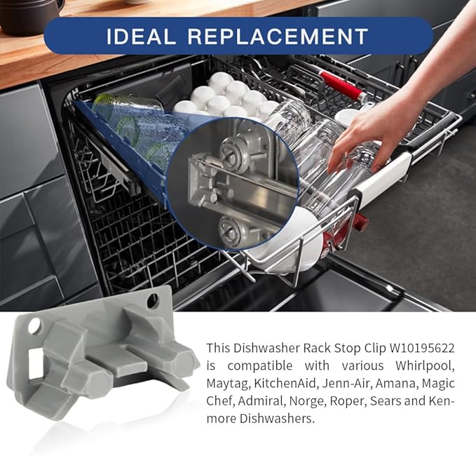 [Upgraded] W10195622 Dishwasher Rack Stop Clip, Upper Dishrack Slide Rail Rear Stop fit for Whirlpool, Kenmore Dishwasher, Replaces AP4566222, PS11750071, 1872168 (4 Pack)