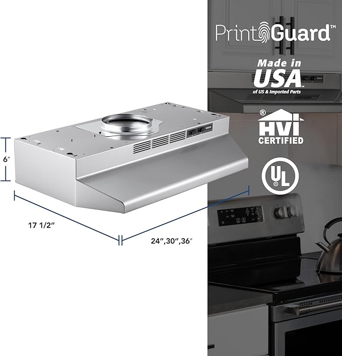 Broan-NuTone 30-Inch Fingerprint Resistant Convertible Under-Cabinet Range Hood, 230 Max Blower CFM, 30", Stainless Finish with PrintGuard