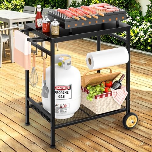 2-Tier Outdoor Grill Table with Wheels, Movable Cooking Food Prep Table for Outside BBQ Gathering, with 23.62" Lx 15.75" W Rust-resistant Tabletop, Griddle Stand for Patio & Backyard & Tools Room