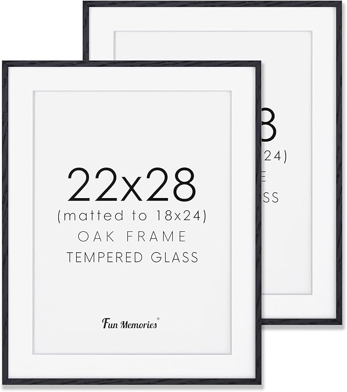 Fun Memories 22x28 Picture Frame Black 2 Pack, 22"x28" Oak Wood Frames for Wall, Rustic Poster Frames 22 x 28, 22x28 Matted Frame to 18x24, Tempered Real Glass, 22 by 28 Art Frame