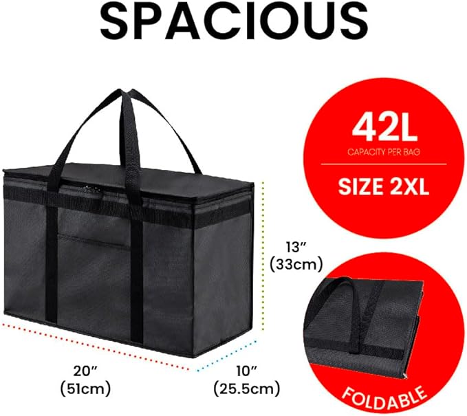 NZ home Insulated Bags for Food Delivery (2XL) Grocery Shopping Cooler Bag, Pizza Delivery, Hot & Cold Catering Tote, Reusable, Foldable & Heavy Duty (Red)
