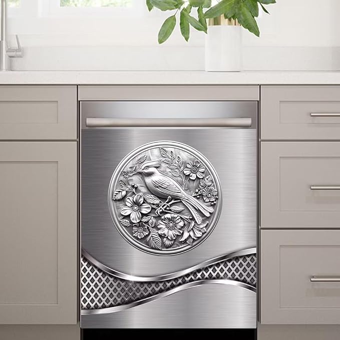 Stainless Steel Design Bird Painting Dishwasher Magnet Cover Sticker,Refrigerator Magnet Cover Decal Fridge Microwave Stickers Kitchen Decor,23 x 17 Inch