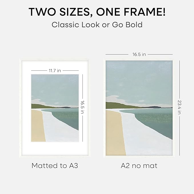 Homeforia A2 White Wood Frame, High End Oak 16.5 x 23.4 White Wooden Poster Frames Matted to 11.7 by 16.5 in Photo, A2 Size Wood Picture Frame with Mat A3 for Print, Tempered Glass, Wall Kit, Set of 3