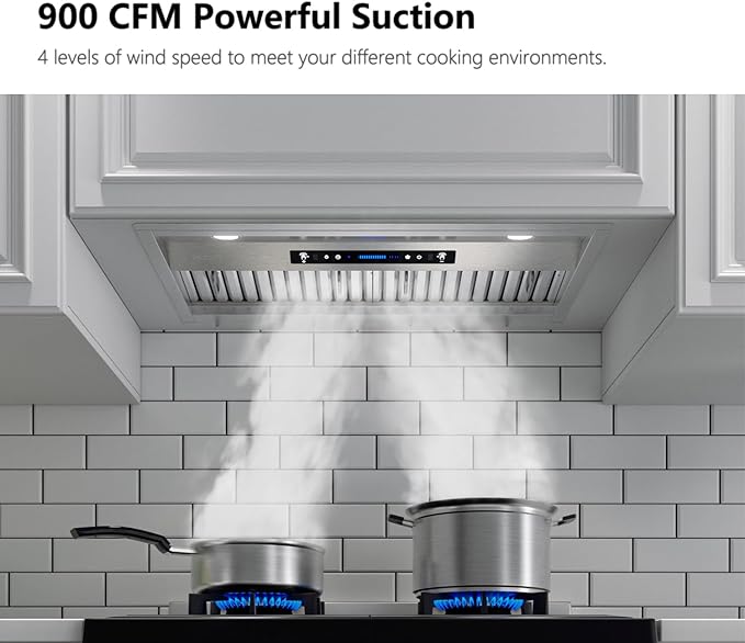 IKTCH 30 inch Built-in/Insert Range Hood 900 CFM, Ducted/Ductless Convertible Duct, Stainless Steel Kitchen Vent Hood with 2 Pcs Adjustable Lights and 2 Pcs Baffle Filters with Handlebar