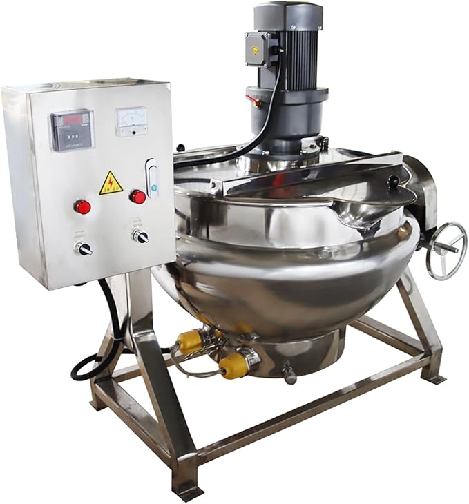 Jacketed Kettle 26.5Gallon Jacketed Kettle Large Electronic Tilting Sugar Jam Gas Boiling Machine Commercial Electric Jacketed Pot with Stirring and Edge Scraping 220V 60HZ Three-phase 1100W