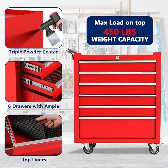 IDEALHOUSE Rolling Tool Chest, 6 Drawers Tool Storage Cabinet, Toolbox with Wheels, Portable Tool Cabinet Organizer with Locking System & Drawer Liners, Tool Storage Cart for Garage, Workshop, Red