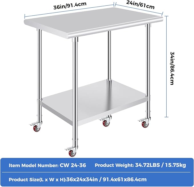 OSTBA Stainless Steel Table for Prep & Work 24x36 Inches with Casters Wheels, NSF Metal Commercial Heavy Duty Table with Adjustable Undershelf for Restaurant Kitchen Home and Hotel