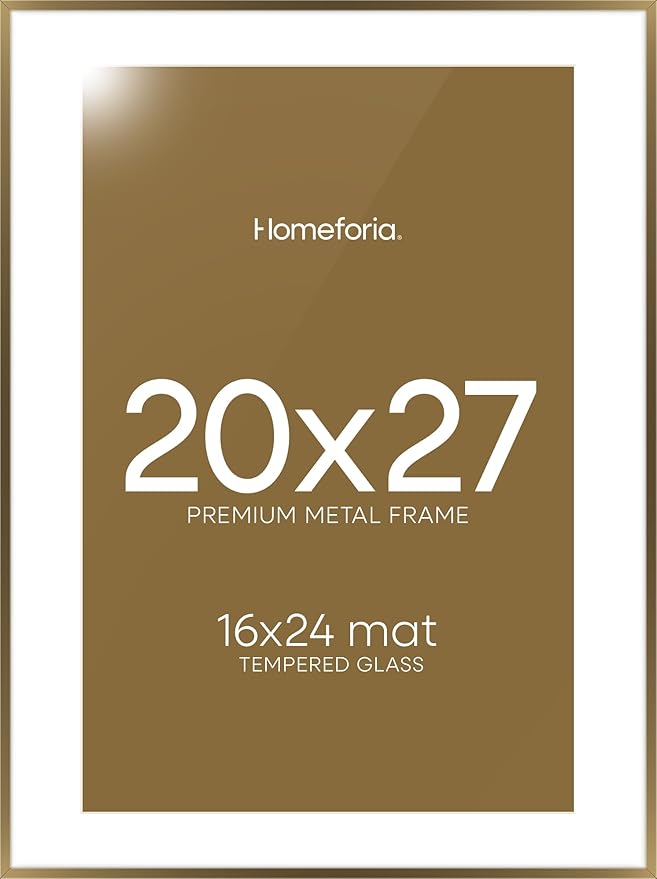 Homeforia 20x27 Picture Frame Bronze, High End Metal 20x27 Brass Poster Frames with Mat 16x24 Photo, 20 x 27 Frame Matted to 16 by 24 inch Print, 27by20 Thin Frames, Tempered Glass, Wall Kit, Set of 1