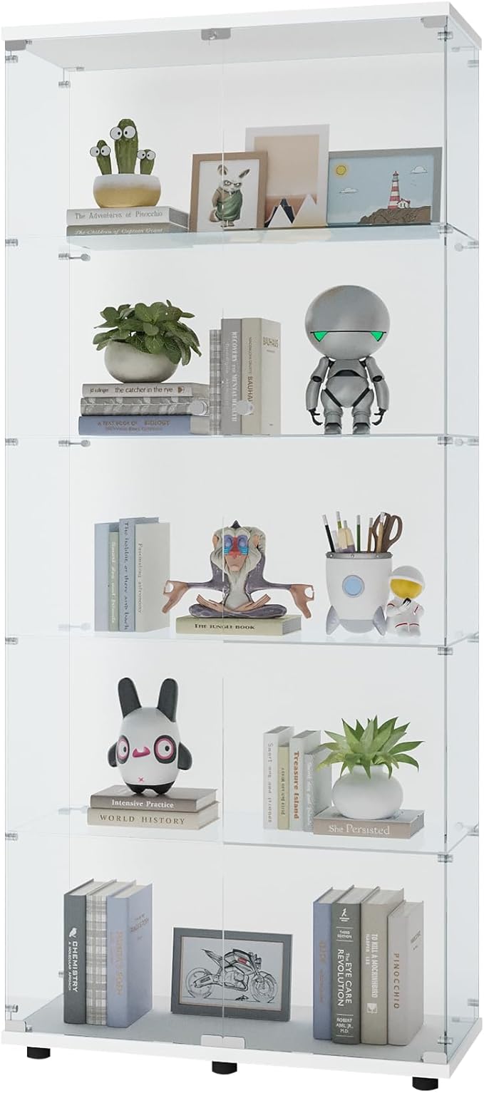 74" H 5-Shelf Glass Display Cabinet with Double Door, Modern Curio Cabinet Collection Display Case, Floor Standing Bookshelf Glass Case with Lock for Living Room,Home Office (White)
